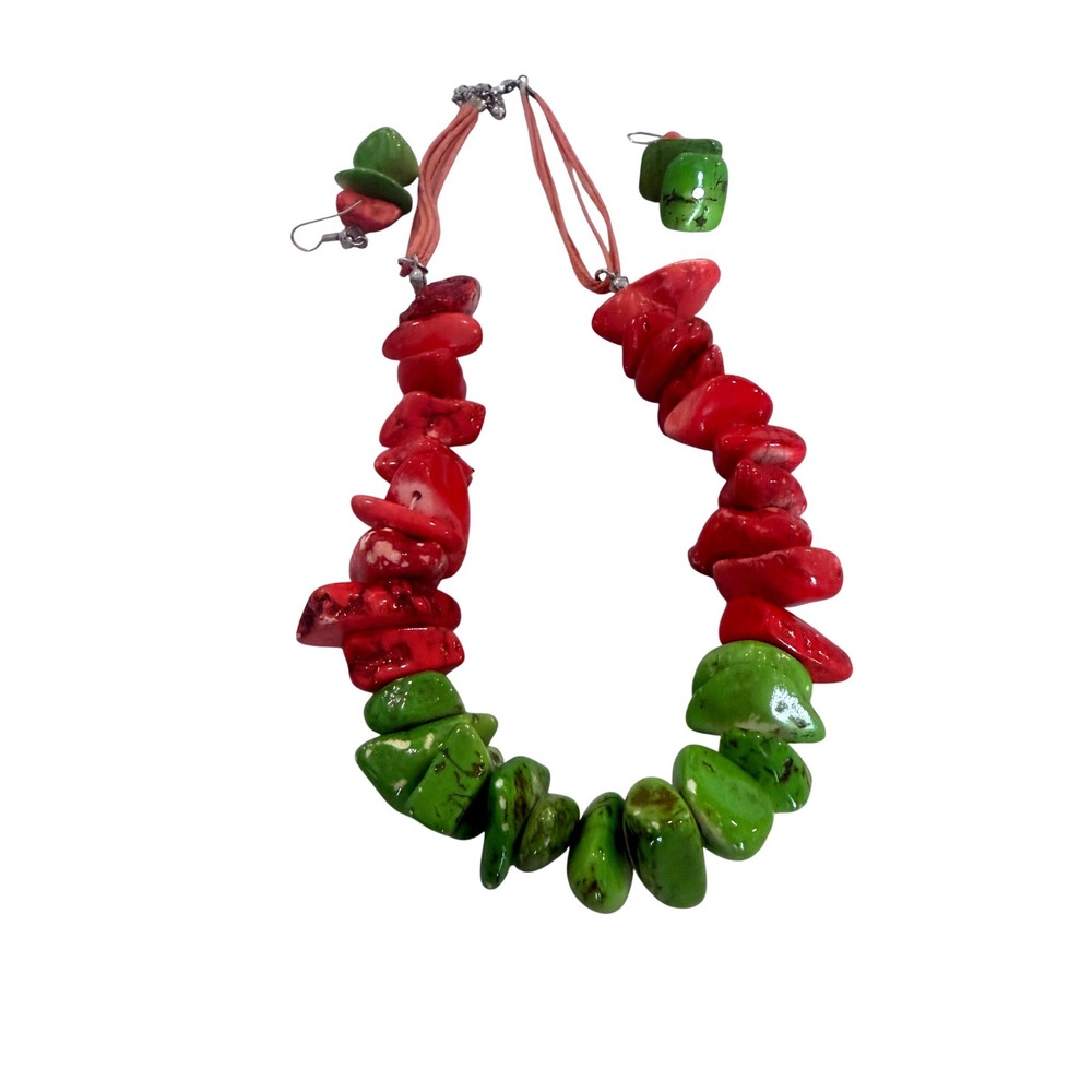 Vintage Chunky Red Coral green Statement Necklace and Earring Set Sterling clasp